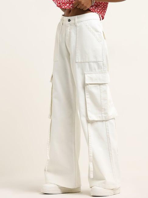 nuon by westside white relaxed-fit cargo-style mid-rise jeans