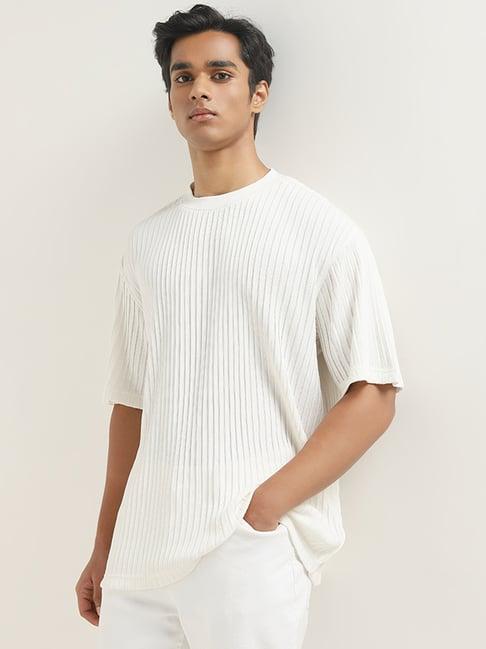 nuon by westside white striped relaxed-fit cotton t-shirt