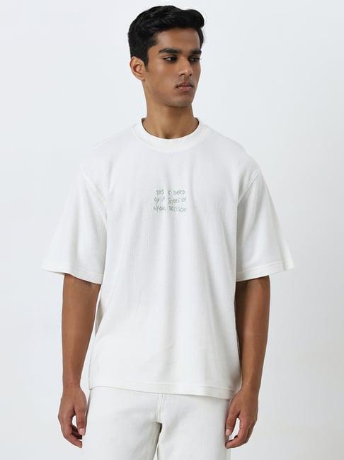 nuon by westside white text printed relaxed-fit cotton t-shirt