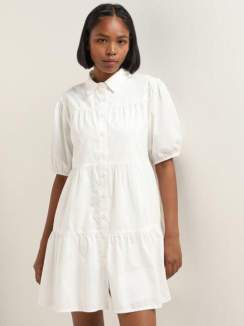 nuon by westside white tiered cotton shirt dress