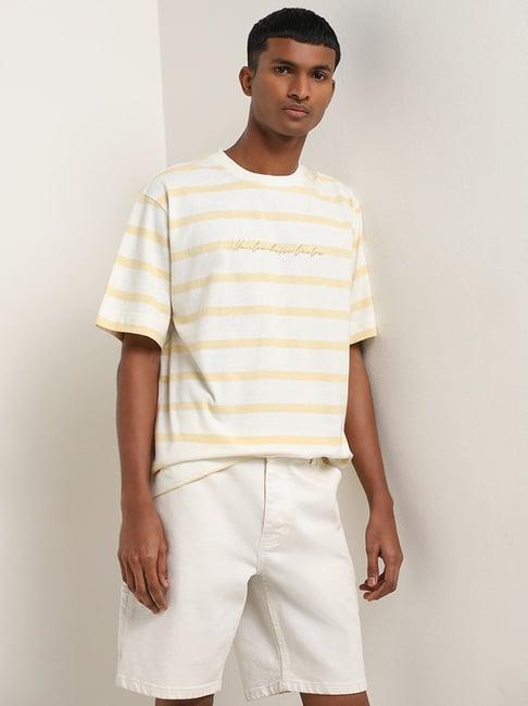 nuon by westside yellow striped relaxed-fit cotton t-shirt