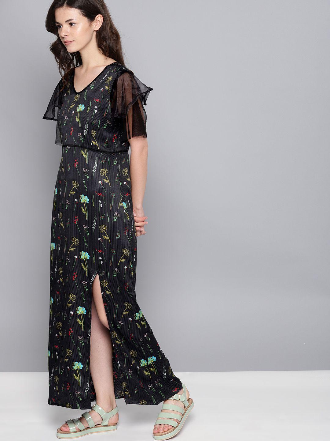 nush women black floral printed maxi dress