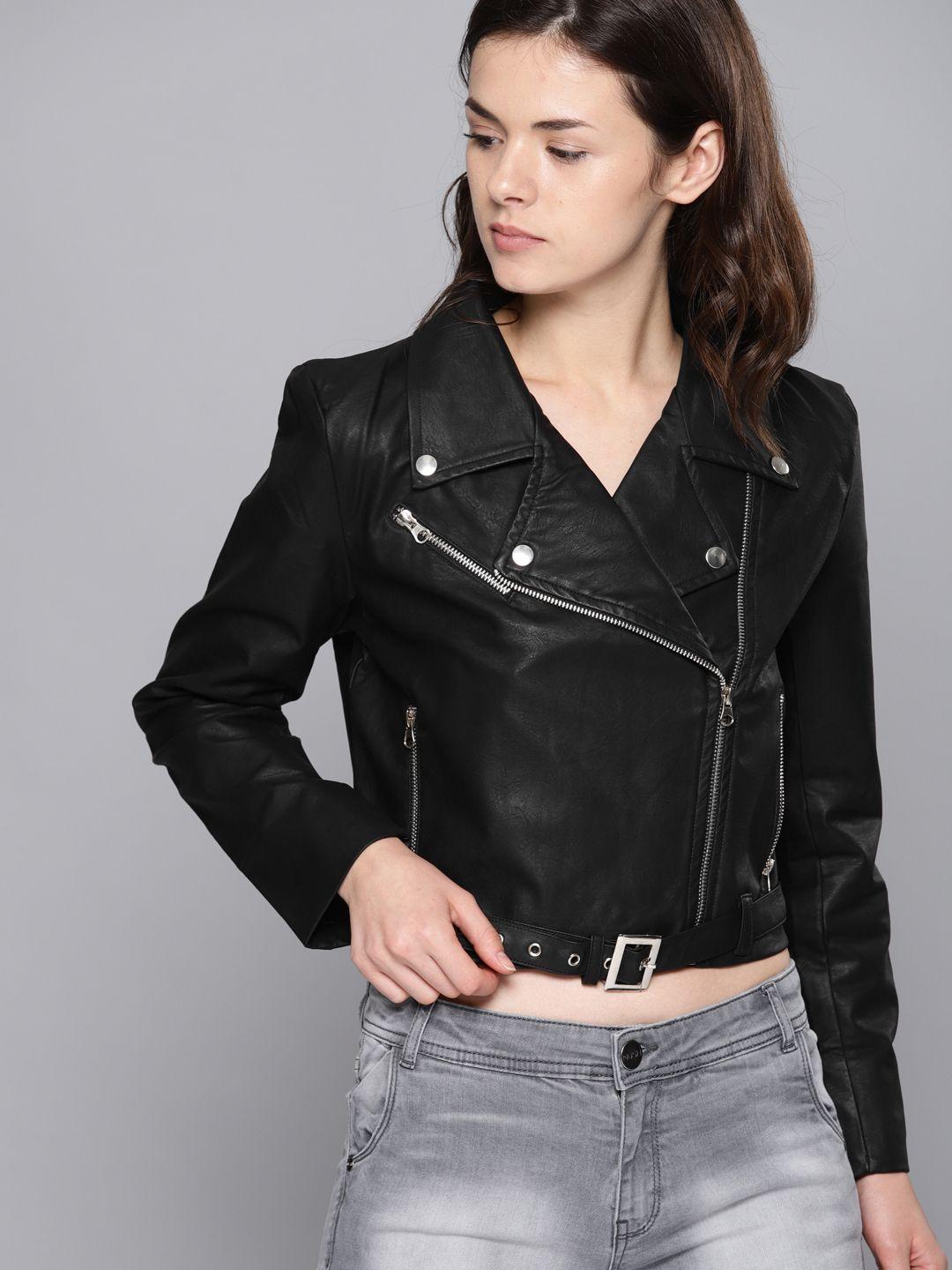 nush women black solid biker jacket