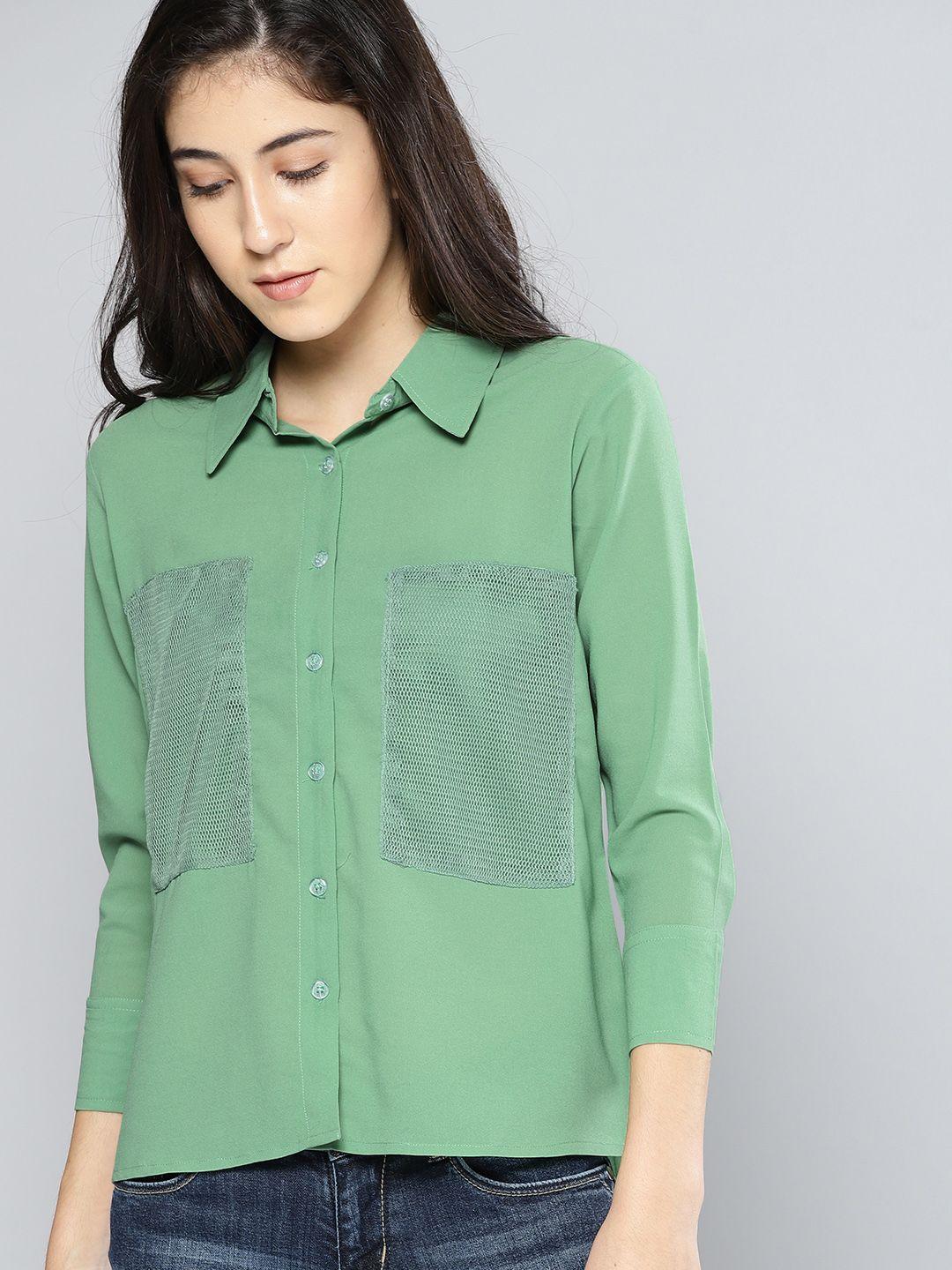 nush women green regular fit solid casual shirt