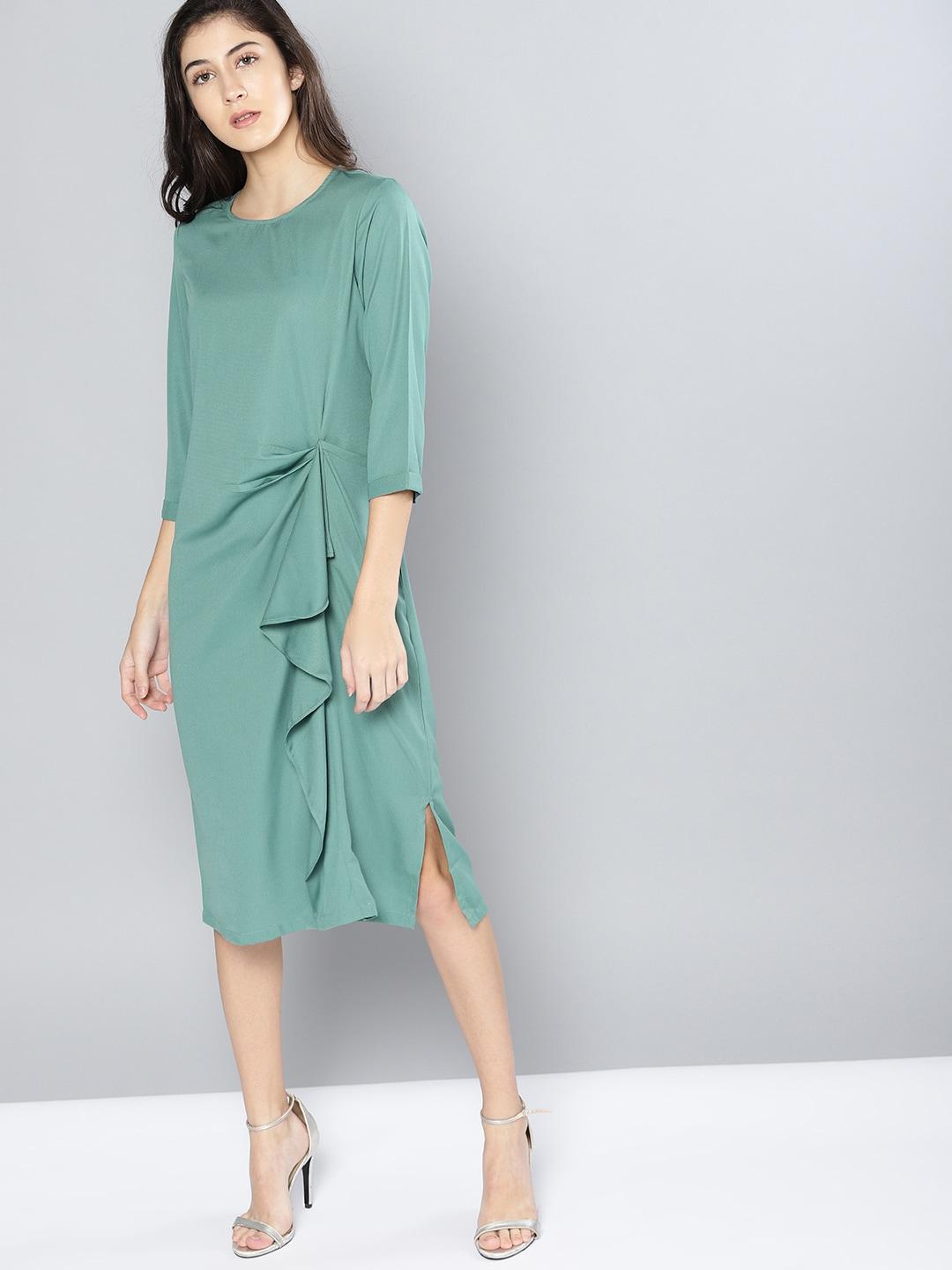 nush women green solid a-line dress
