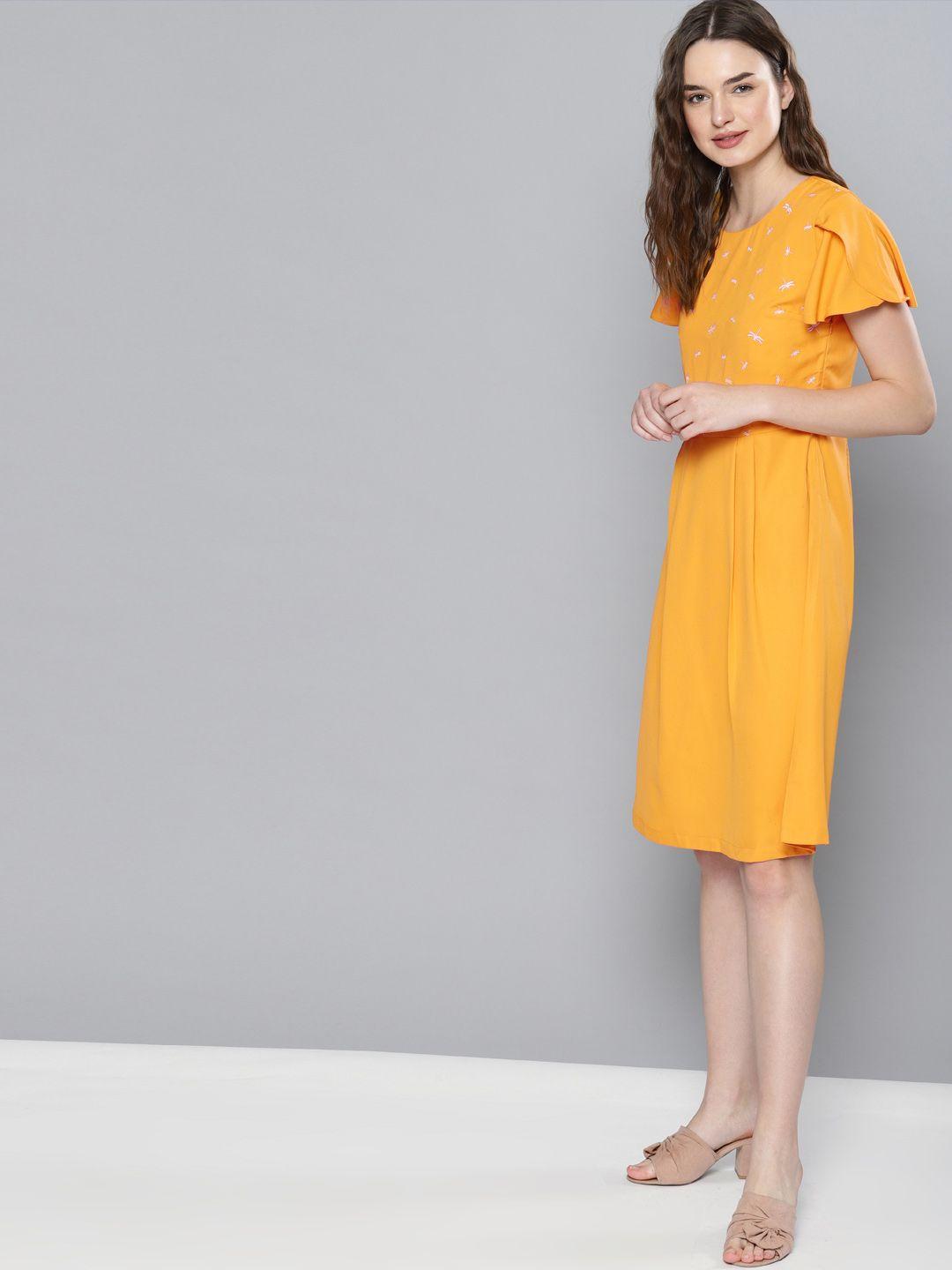 nush women mustard yellow solid a-line dress
