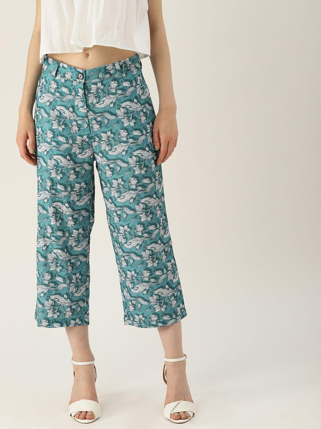 nush women teal & white straight fit printed parallel trousers