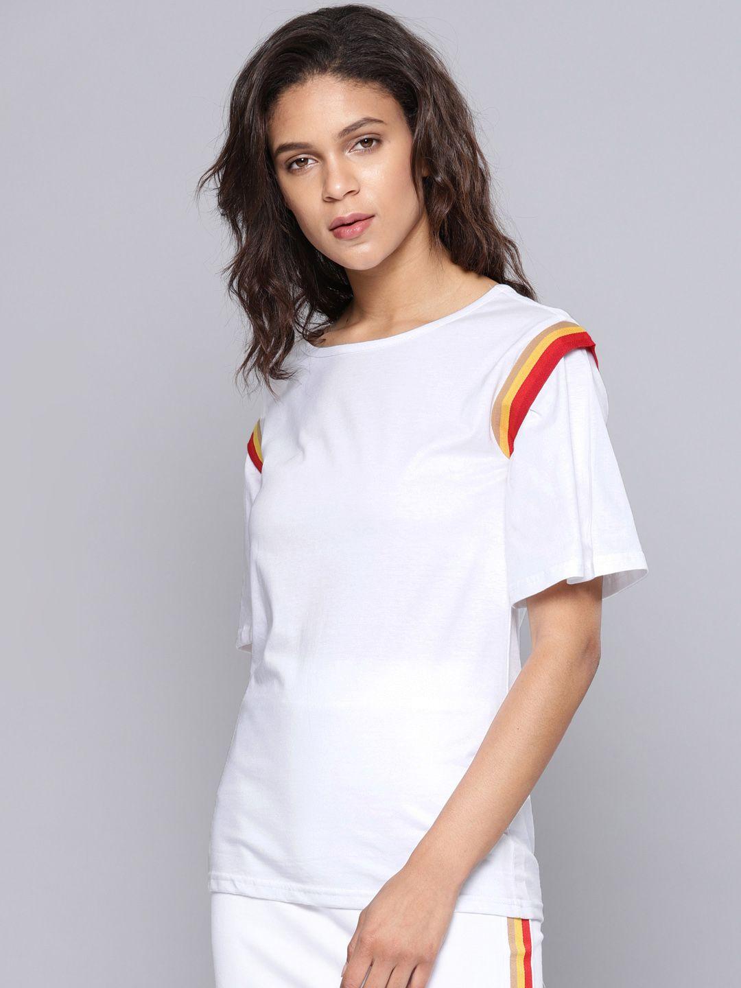 nush women white solid round neck t-shirt