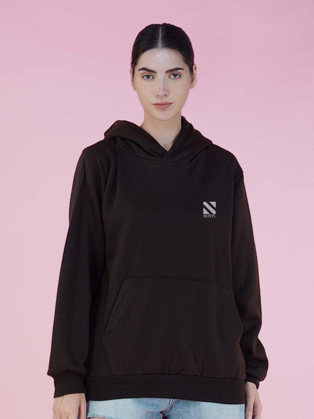 nusyl brand logo printed hooded oversized fleece pullover sweatshirt