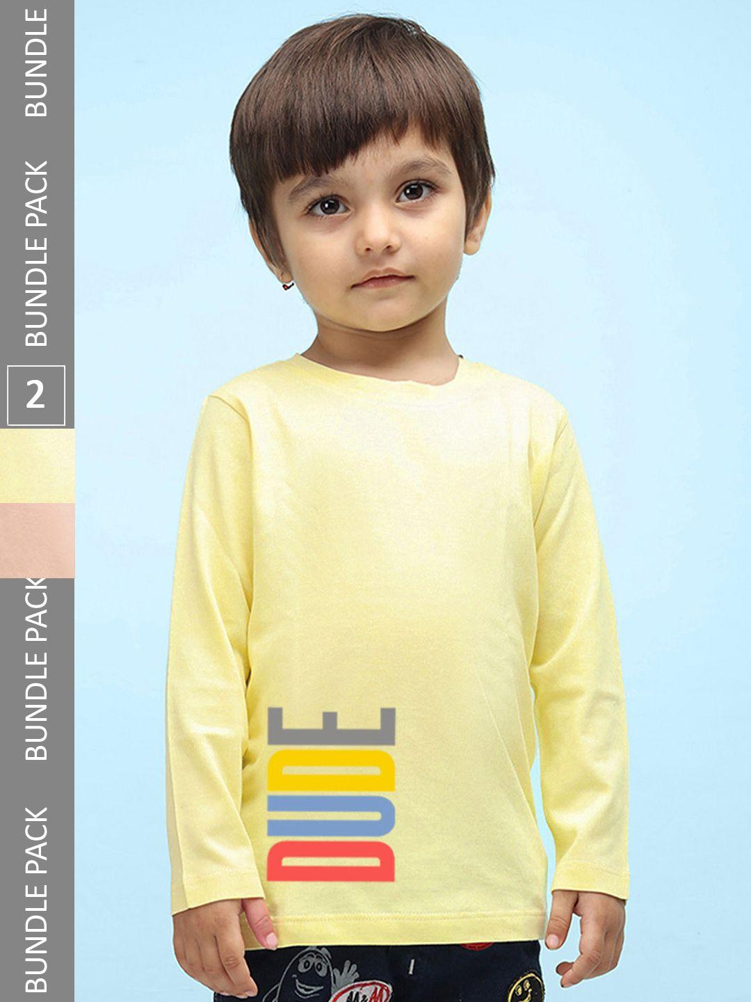 nusyl kids peach-coloured & yellow typography 2 printed pure cotton t-shirt