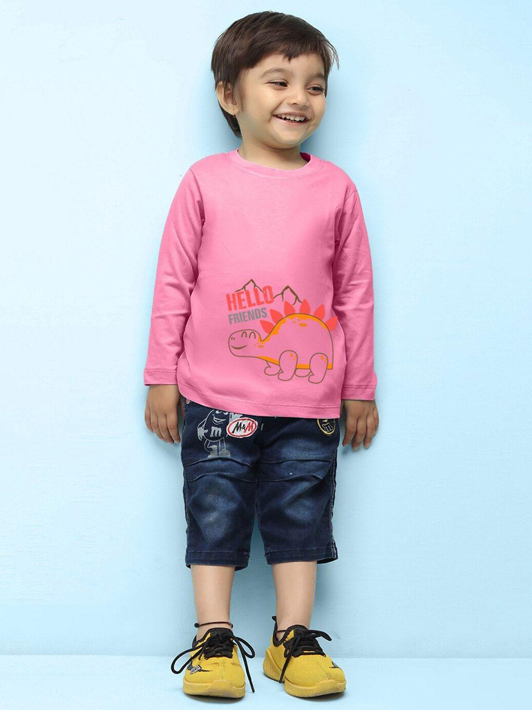 nusyl kids pink floral printed v-neck drop-shoulder sleeves pure cotton applique outdoor t-shirt