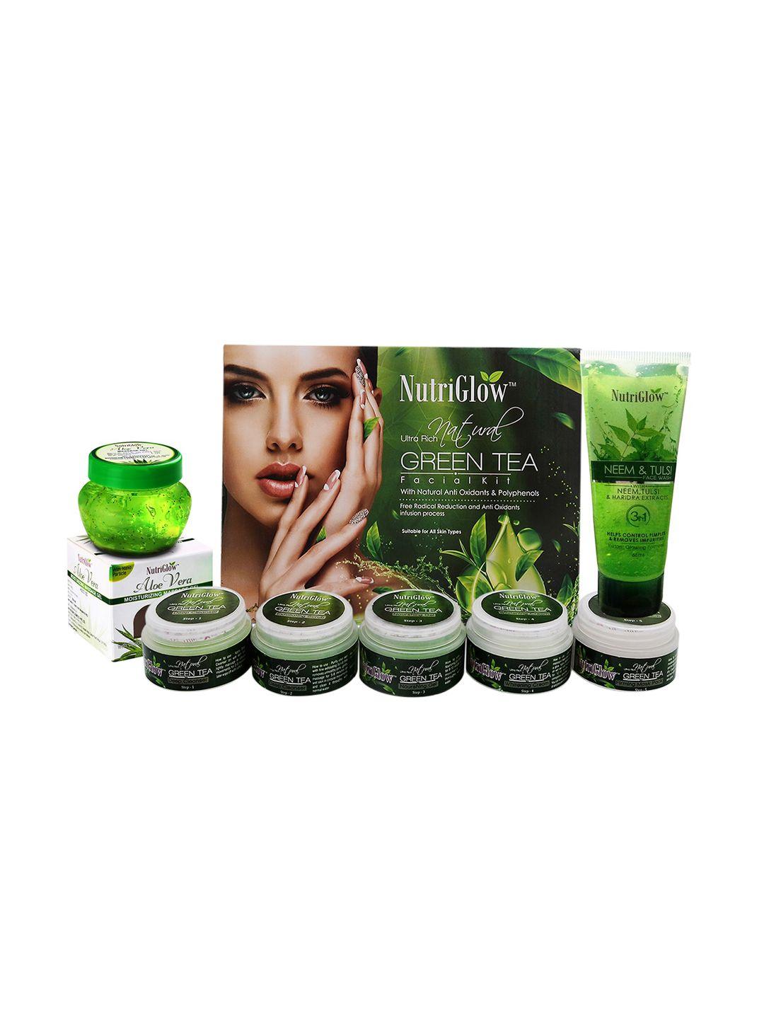 nutriglow green tea facial kit (250gm) neem & tulsi face wash (65ml) aloe vera gel (100gm)
