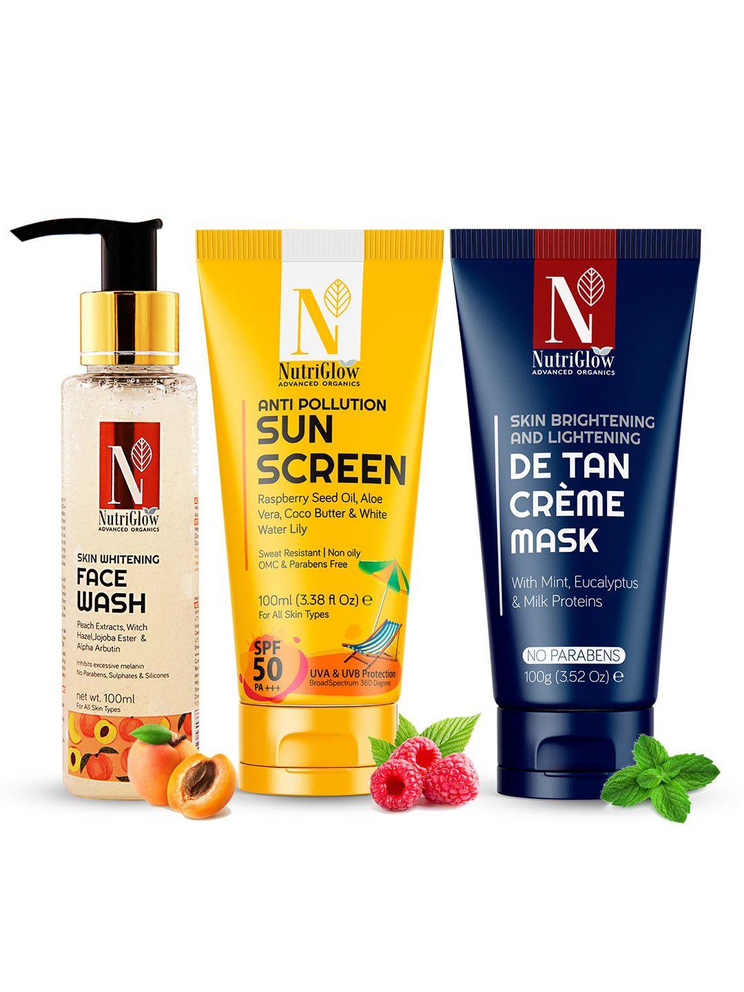 nutriglow advanced organics combo of 3 sunscreen + de tan mask + whitening face wash
