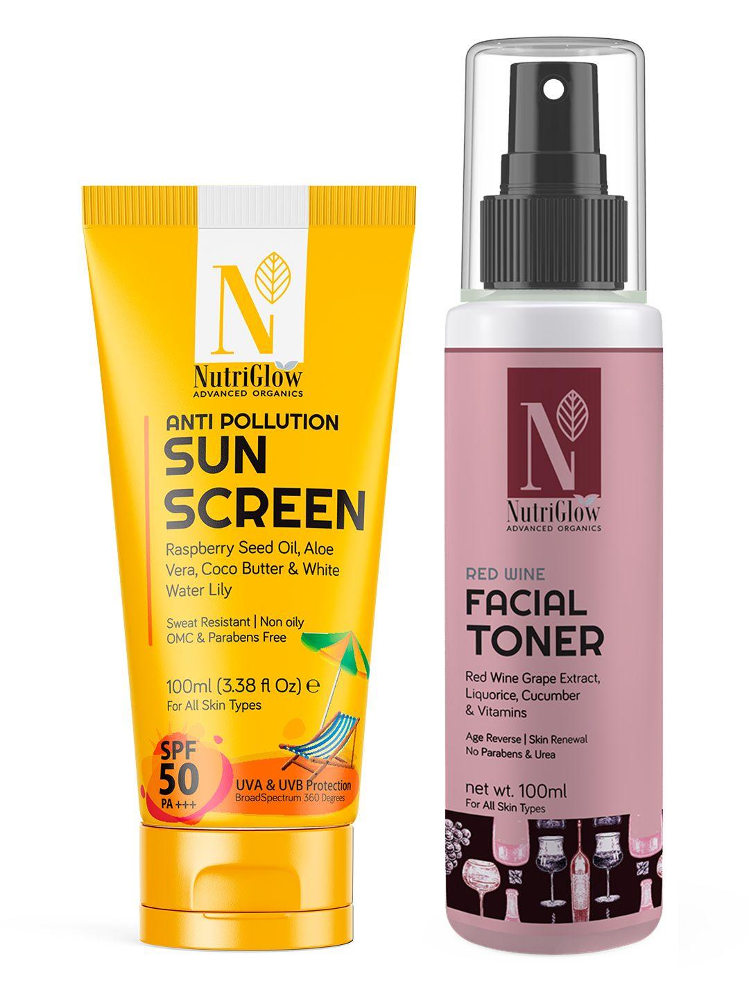 nutriglow advanced organics red wine facial toner 100ml & anti pollution sun screen spf 50