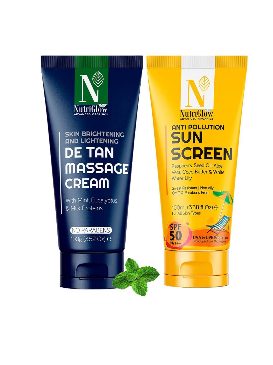 nutriglow advanced organics set of 2 de-tan massage cream & sunscreen spf 50 pa+++ 200ml