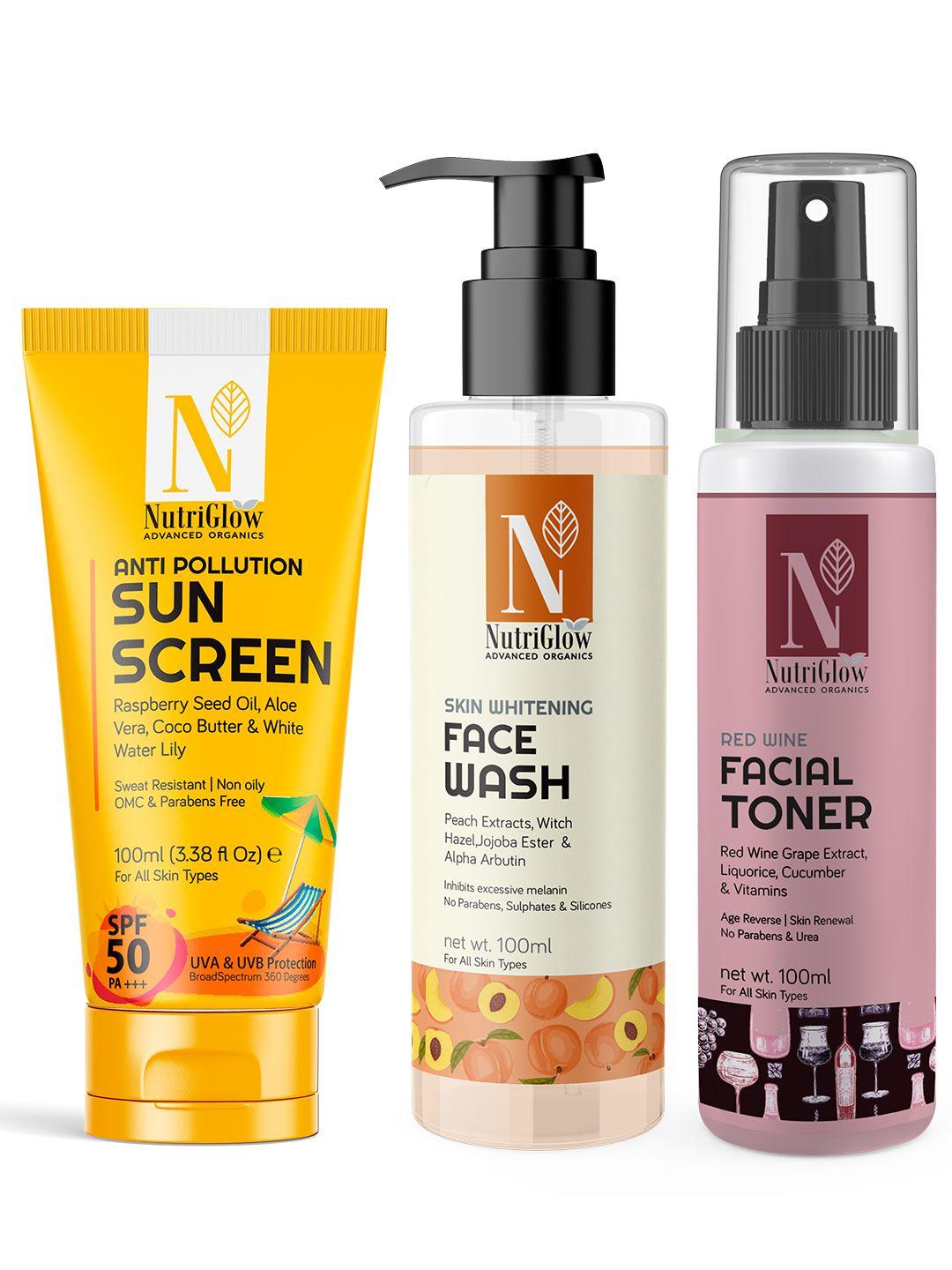 nutriglow advanced organics skin whitening face wash,red wine toner & sunscreen-100ml each