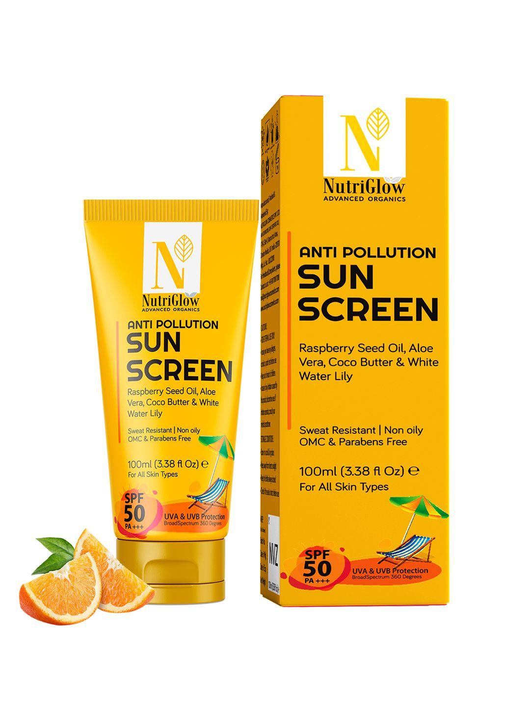 nutriglow advanced organics sustainable anti pollution spf 50 pa+++ sun screen with aloevera 100 ml