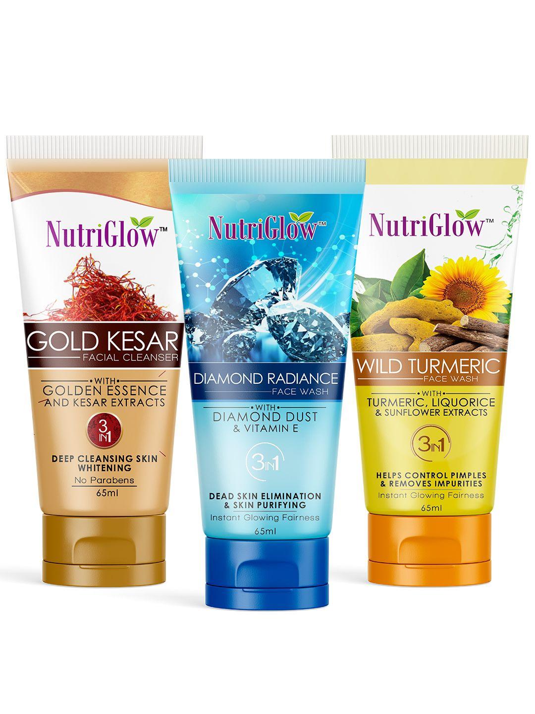 nutriglow set of 3 wild turmeric, gold kesar, diamond radiance face wash - 65 ml each