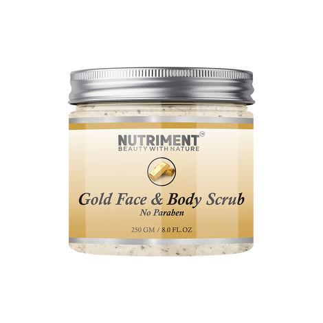 nutriment gold scrub for deadskin cells removal, removing blackheads and revitalises healthy skin, paraban free 250gram suitable for all skin types