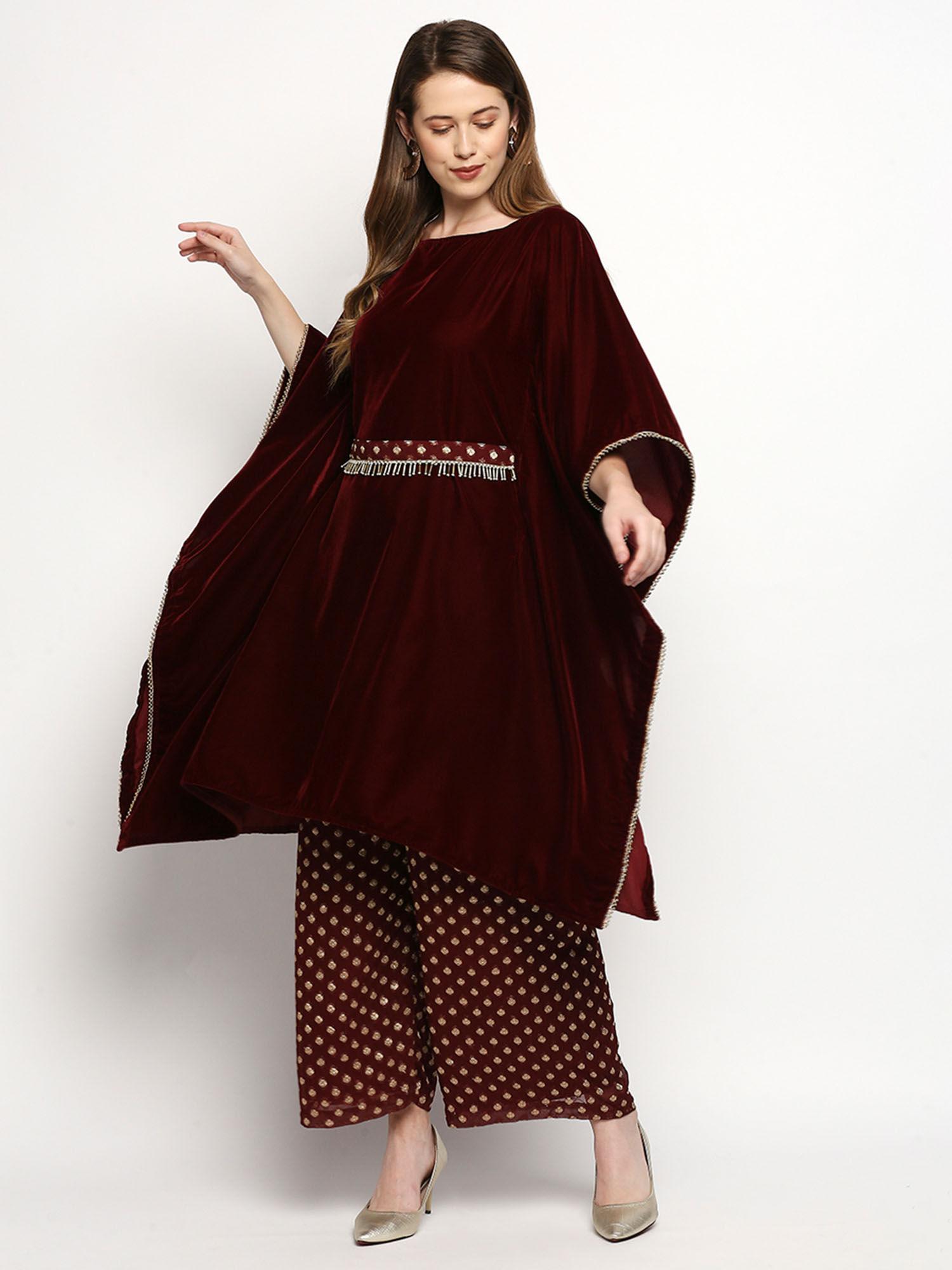 nuuh -kaftan and palazzo with belt -maroon (set of 3)