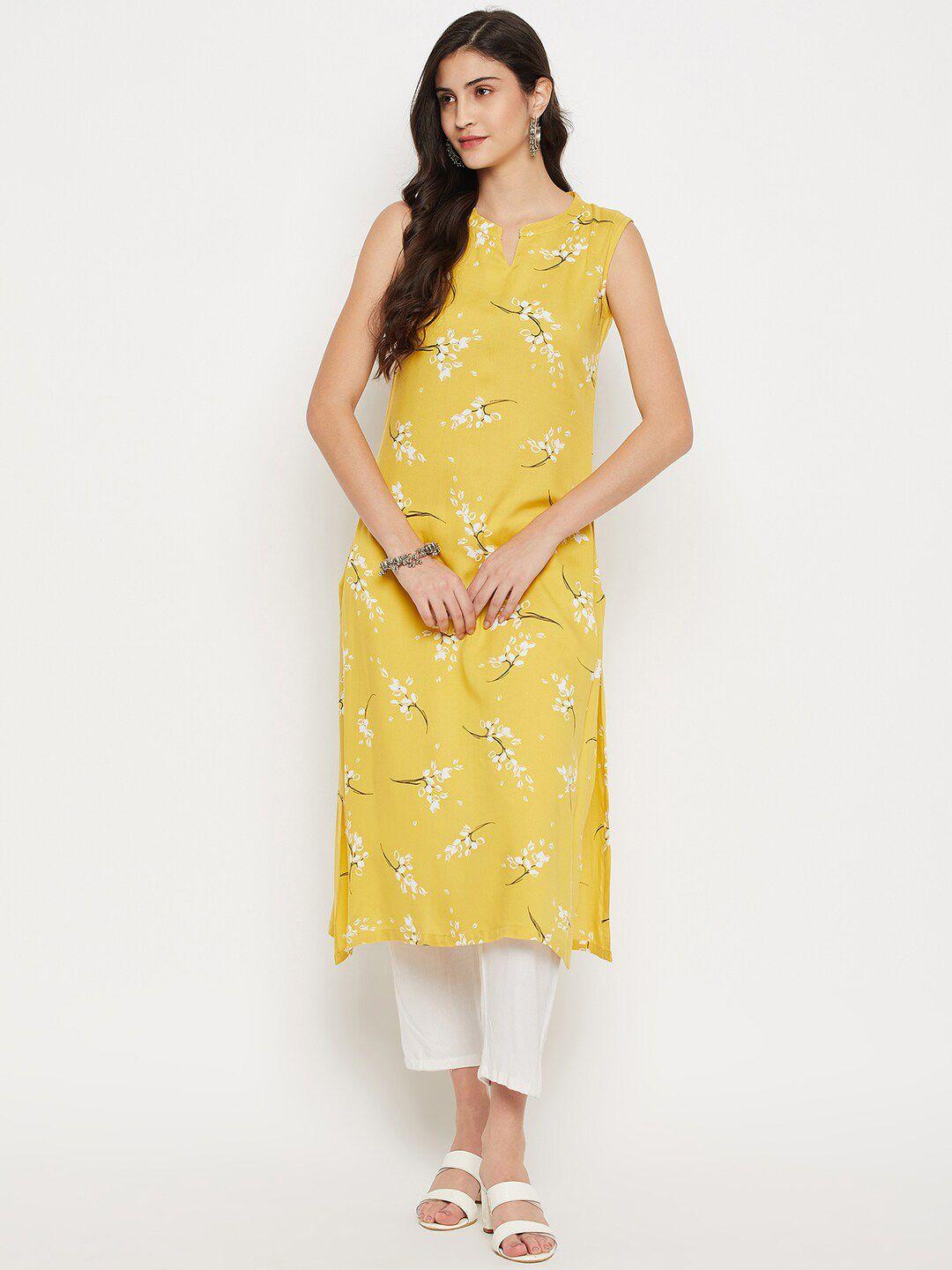 nuwah women yellow floral printed thread work handloom kurta