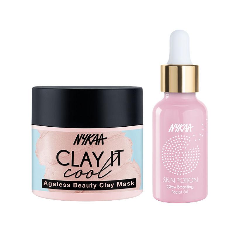 nykaa clay it cool ageless beauty clay mask & skin potion glow boosting facial oil combo