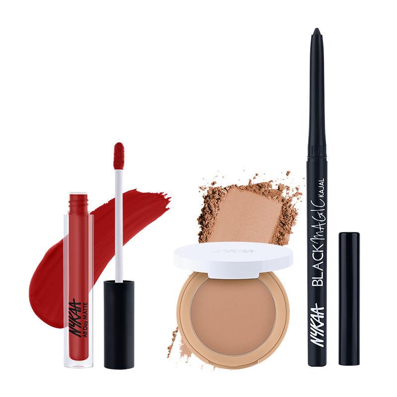 nykaa cosmetics matte look-black magic kajal+all day matte compact-maple+all day matte lipstick-teacher tribe