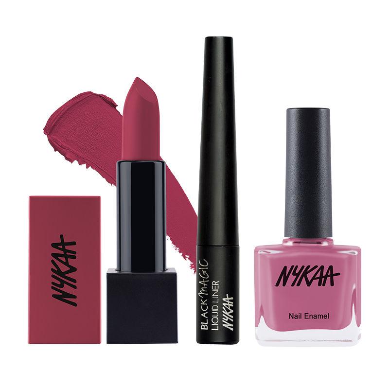 nykaa cosmetics ultra matte lipstick - cleopatra, black magic liquid liner & nail enamel combo