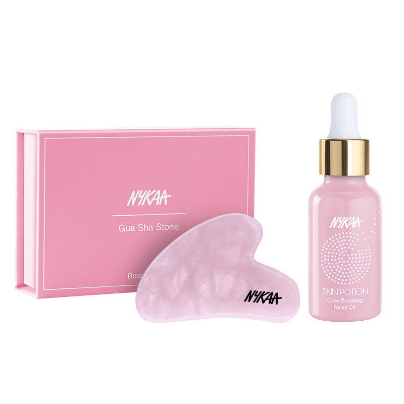nykaa rose quartz gua sha and skin potion glow boosting facial oil combo for clear & glowing skin