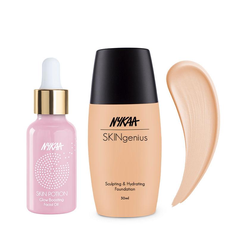 nykaa skingenius sculpting & hydrating foundation-pure ivory + skin potion glow boosting facial oil