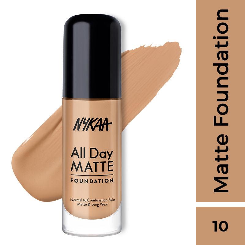 nykaa all day matte long wear liquid foundation with pump - maple 10