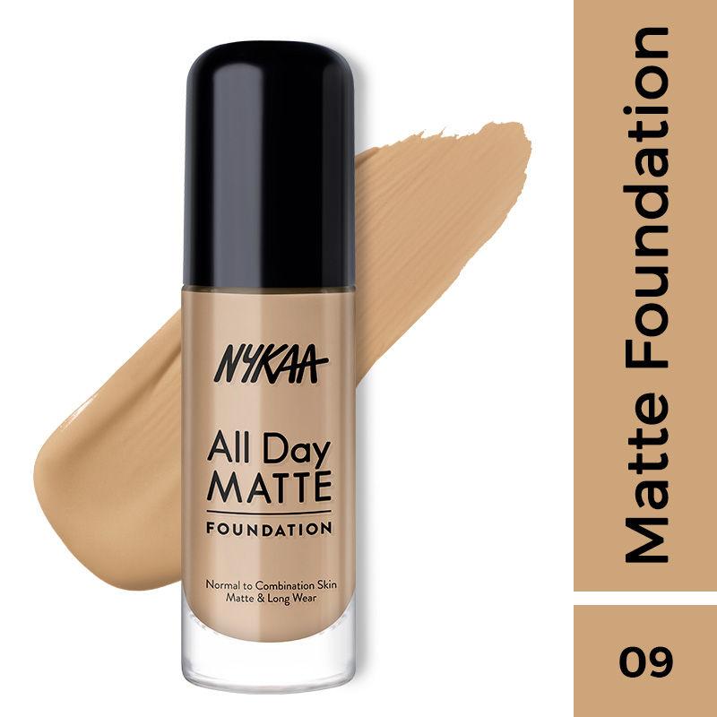 nykaa all day matte long wear liquid foundation with pump - nutmeg 09