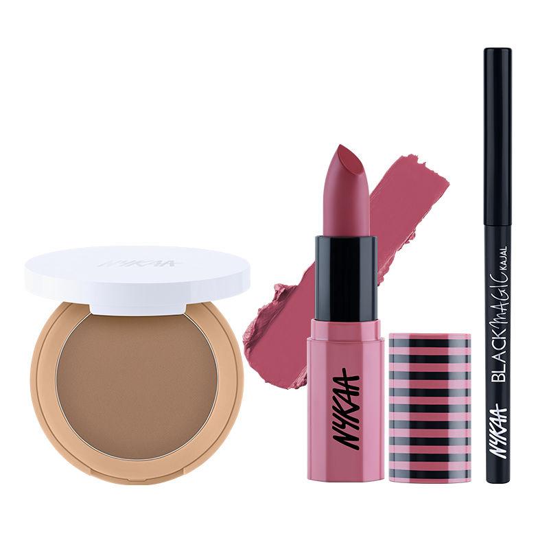 nykaa cosmetics all day matte compact-chestnut+so creme lipstick-day dreaming+black magic kajal combo