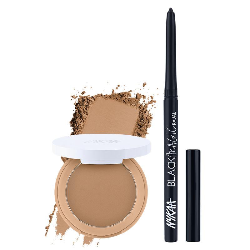 nykaa cosmetics all day matte look- black magic kajal + all day matte compact powder- honey