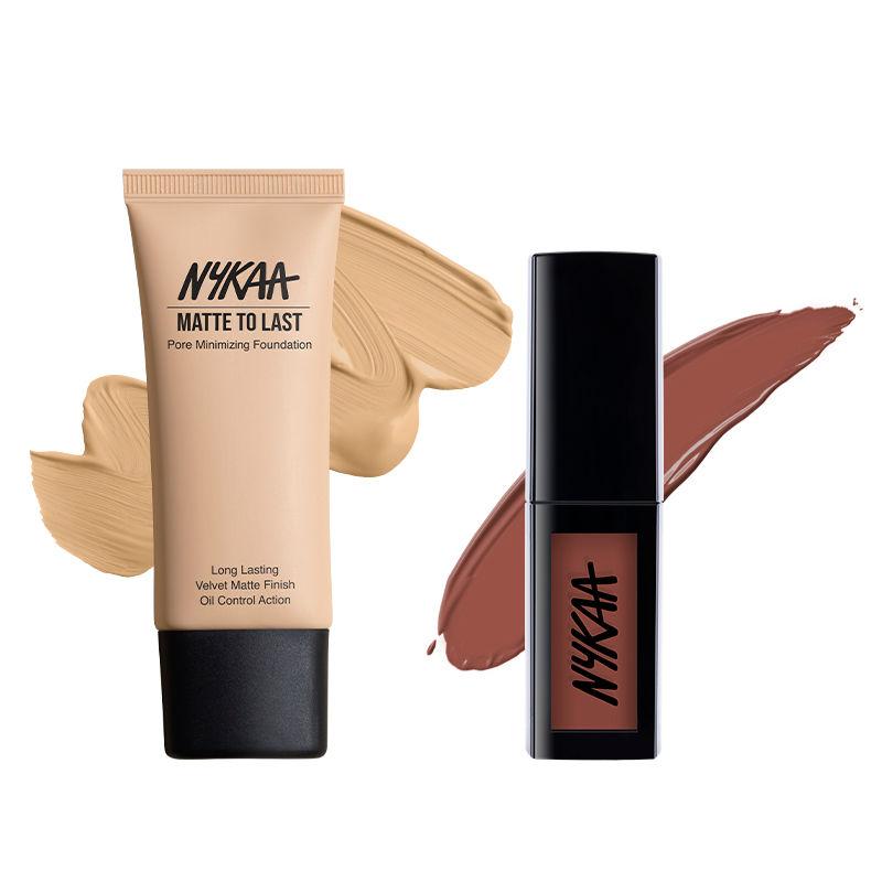 nykaa cosmetics matte to last duo-pore minimizing foundation 06y medium+liquid lipstick-madras kaapi