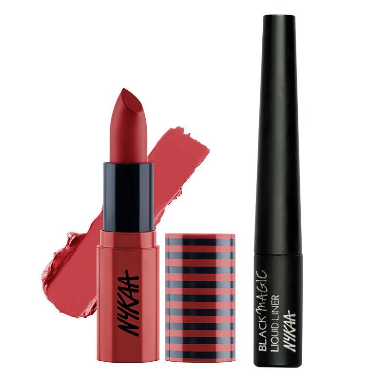 nykaa cosmetics picture perfect look- black magic liquid eyeliner + so creme matte lipstick