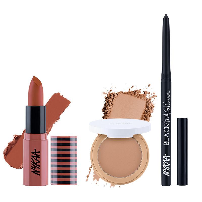nykaa cosmetics ready to slay look- black magic kajal + all day matte compact powder- maple + so creme matte lipstick- let it snooze