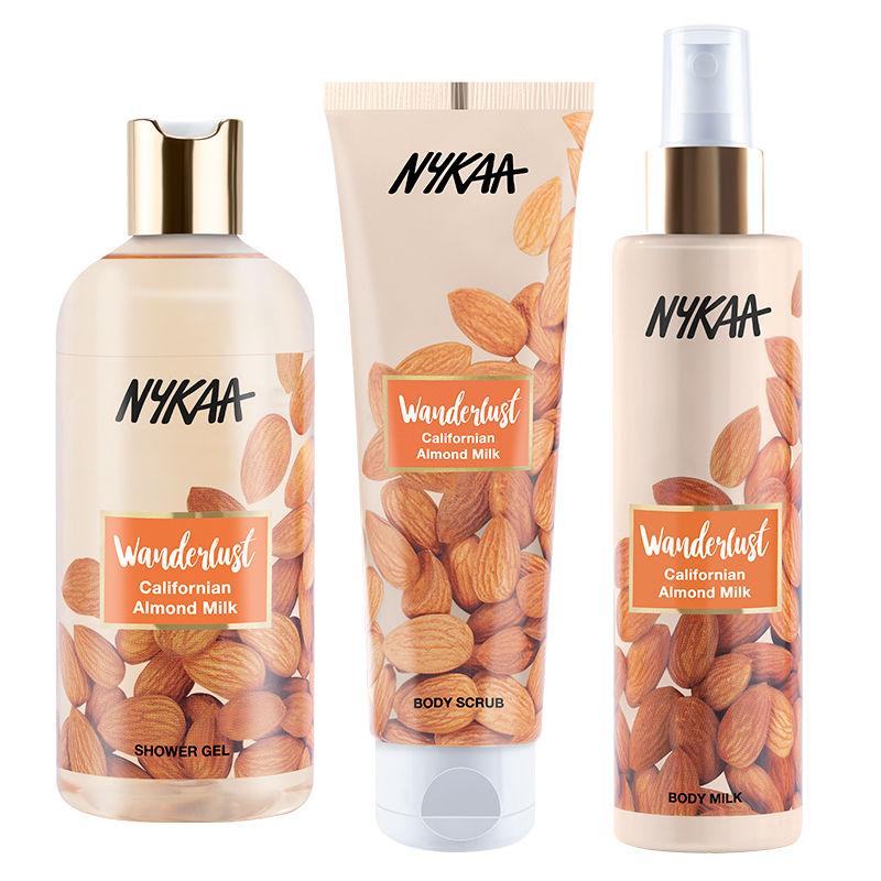 nykaa wanderlust californian almond milk body milk + body scrub + shower gel