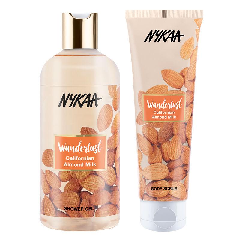 nykaa wanderlust californian almond milk shower gel + body scrub combo