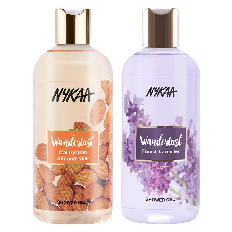 nykaa wanderlust californian almond milk shower gel + french lavender shower gel combo (pack of 2)