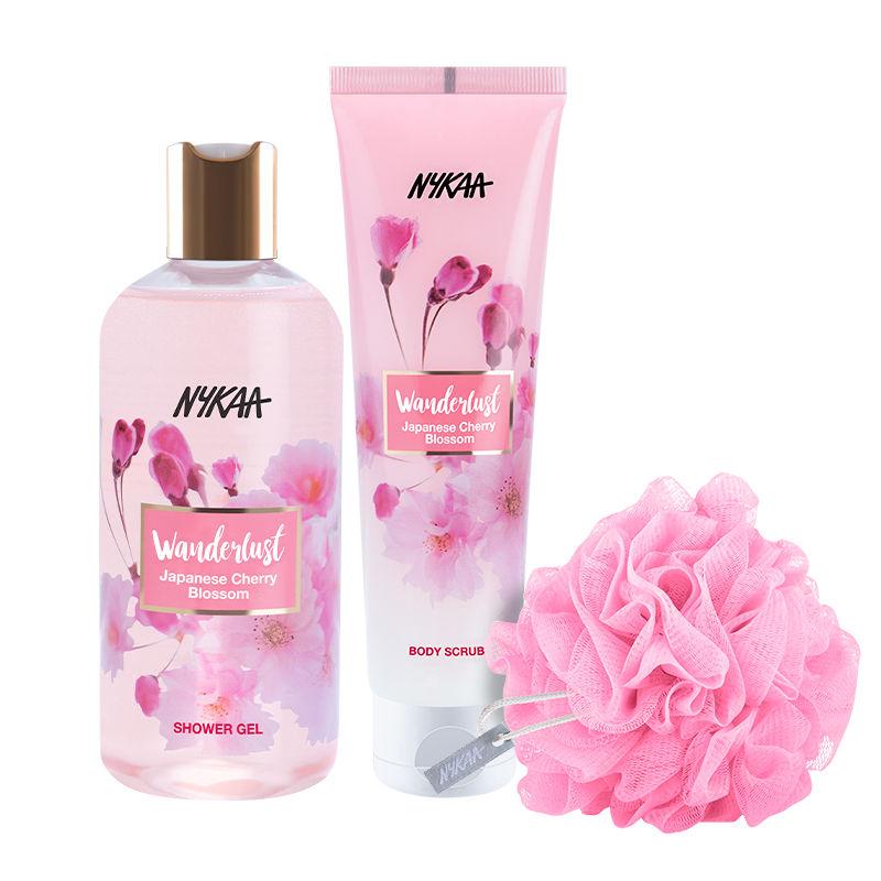 nykaa wanderlust cherry blossom shower gel, body scrub & bath sponge - pink combo