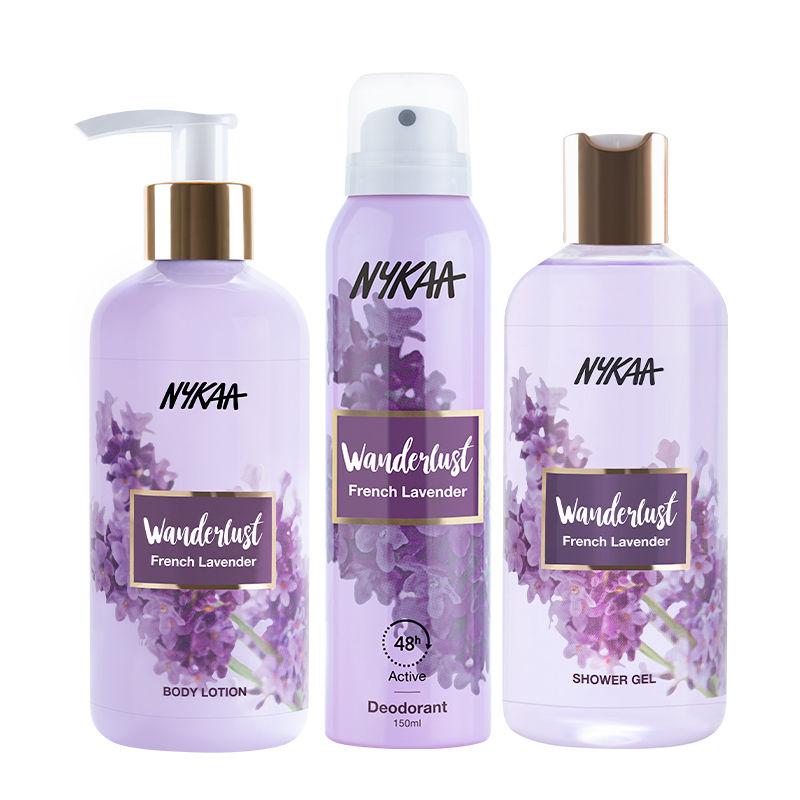 nykaa wanderlust french lavender shower gel, body lotion & deodorant combo