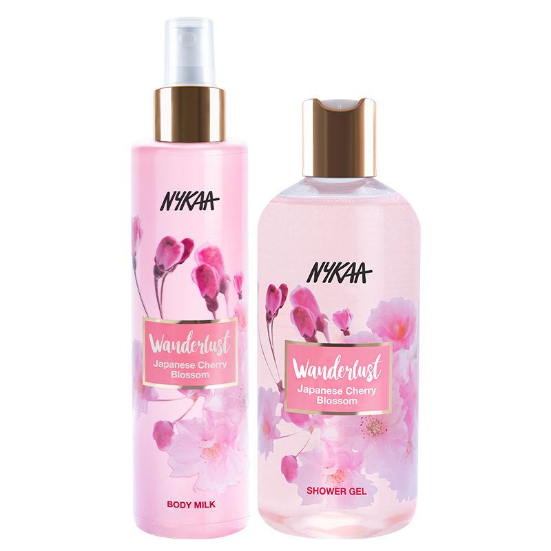 nykaa wanderlust japanese cherry blossom shower gel + body milk beauty blend combo