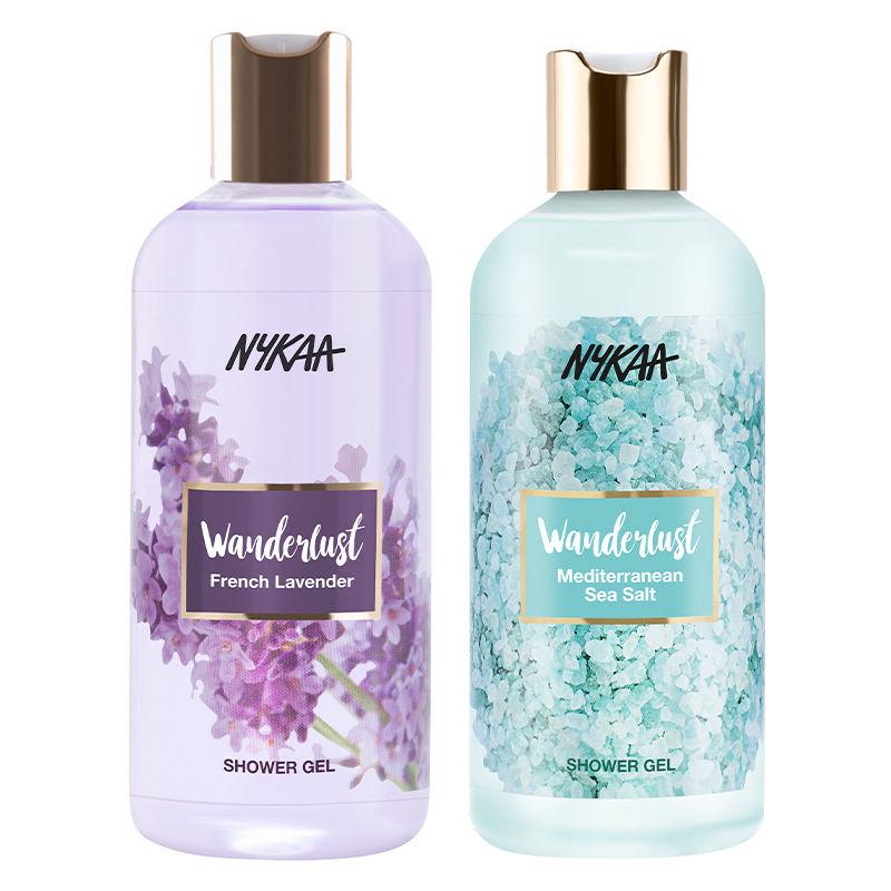 nykaa wanderlust mediterranean sea salt shower gel + french lavender shower gel combo (pack of 2)