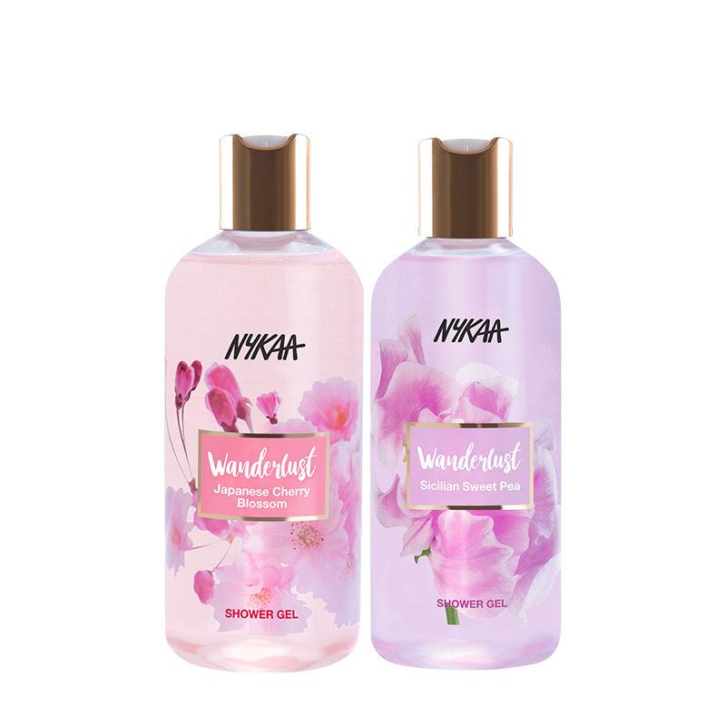 nykaa wanderlust shower gel cherry blossom & sweet pea combo