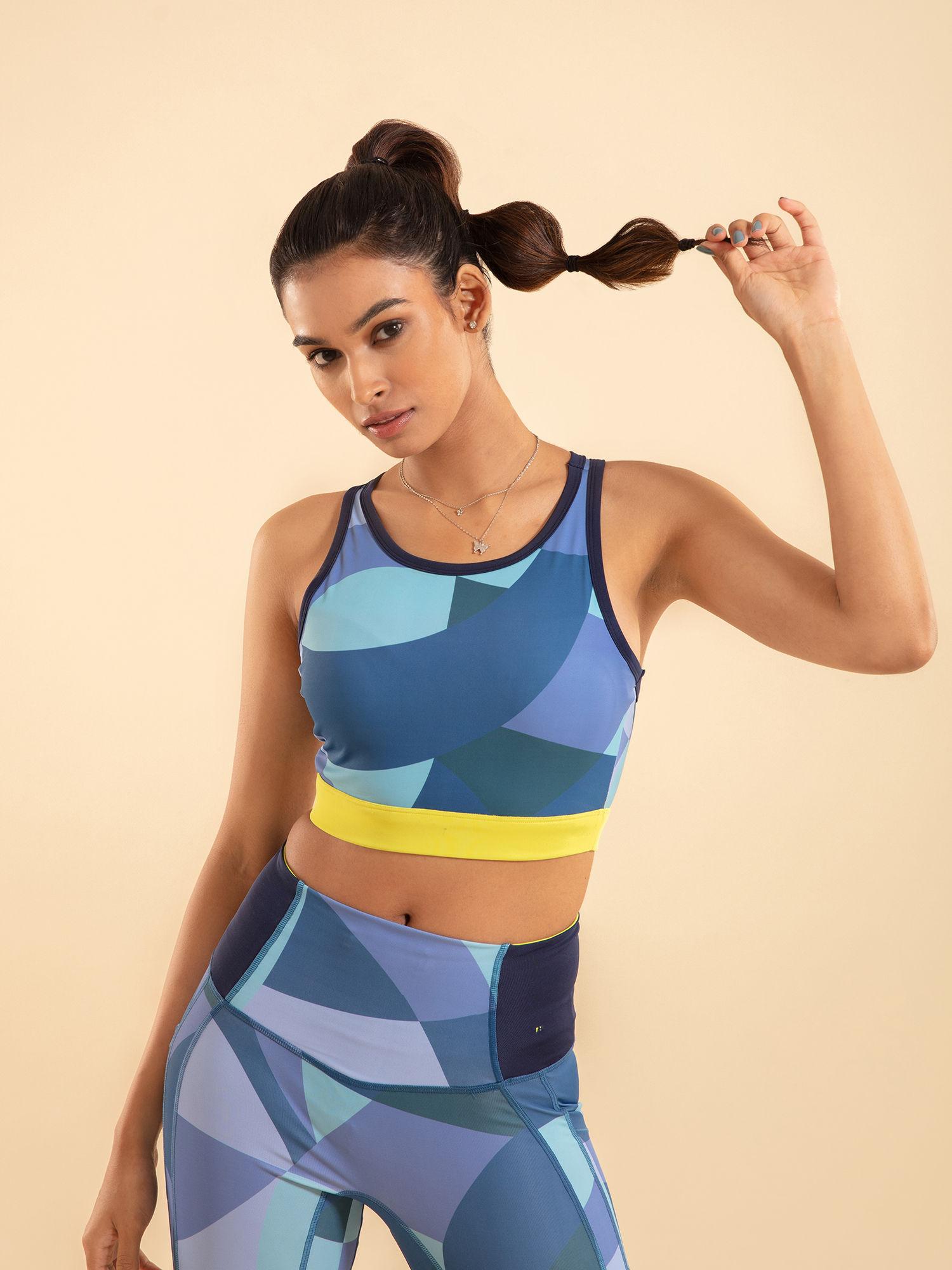 nykd all day low impact crop top bra- nyk112 abstract print + peacoat navy + lime