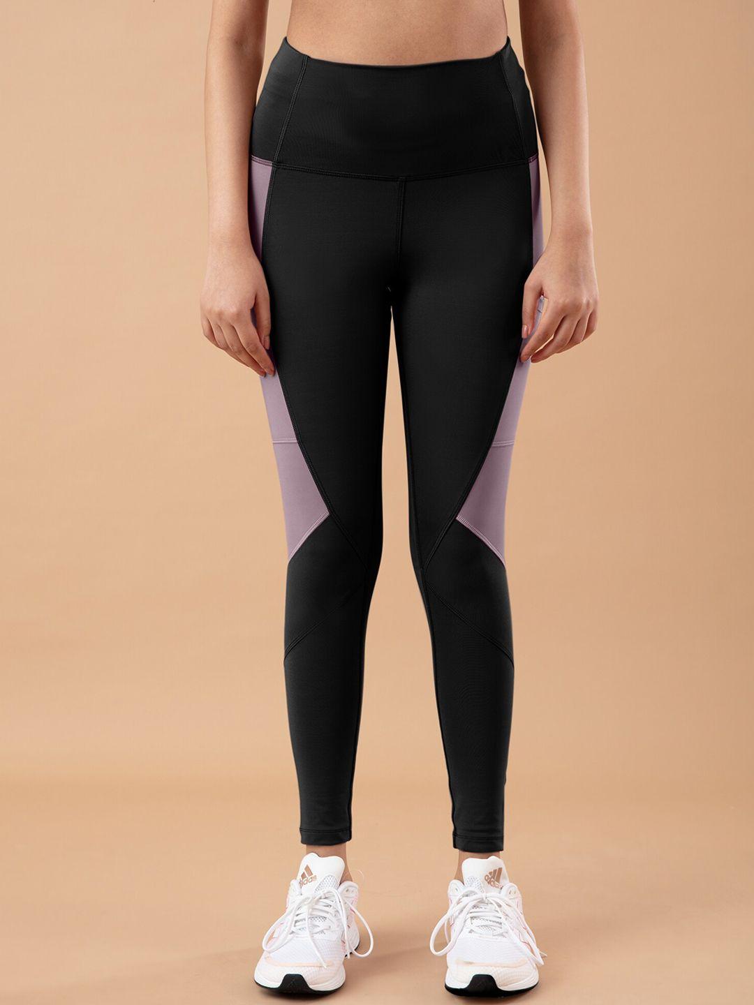 nykd women black & violet color-blocked gym tights