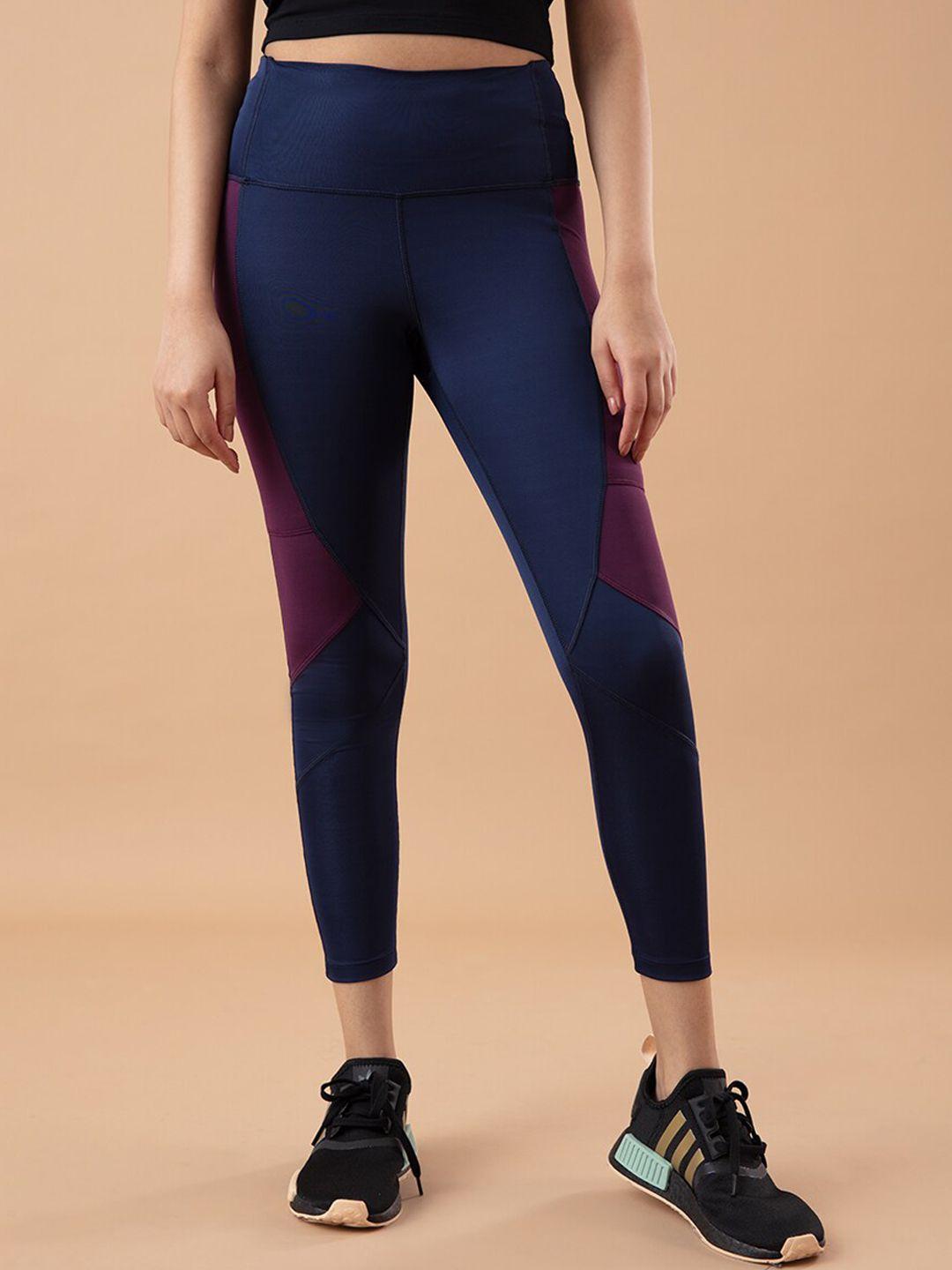 nykd women navy blue & purple colourblocked gym tights