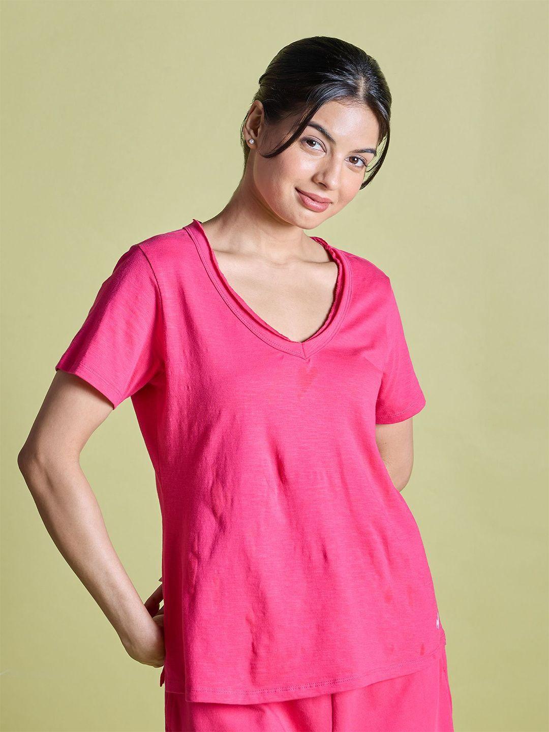 nykd women pink v-neck extended sleeves pockets t-shirt