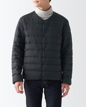nylon light weight pocketable collarless button-down jacket